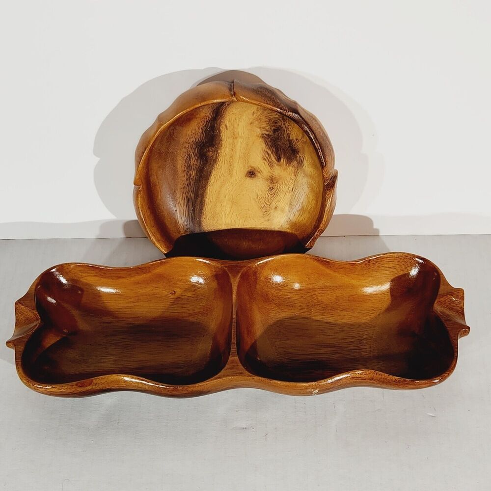 Monkey Pod Hawaiian Wood Lot of 2 Divided Serving Dish Flower Bowl Hand Carved